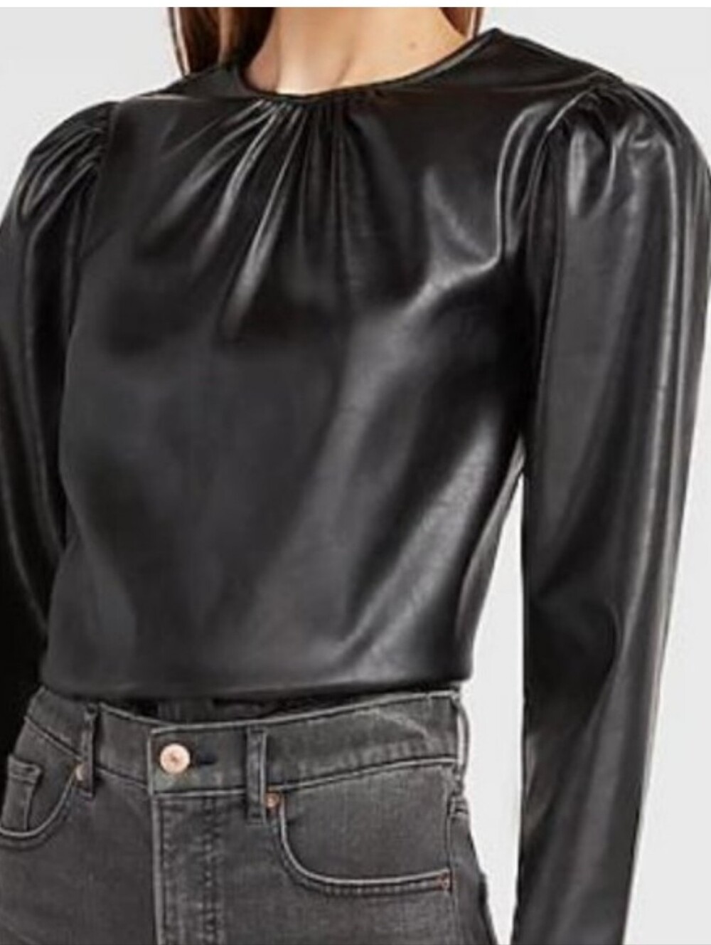Express Women's Black Vegan Leather Long Sleeve Goth Minimalist Top